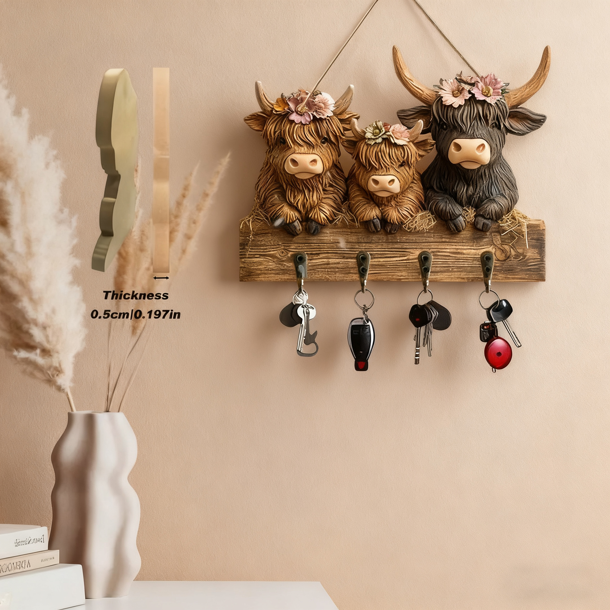 🐮2D- Rustic Highland Cow Wooden Family Key Holder Hanging Ornament with 4 Hooks