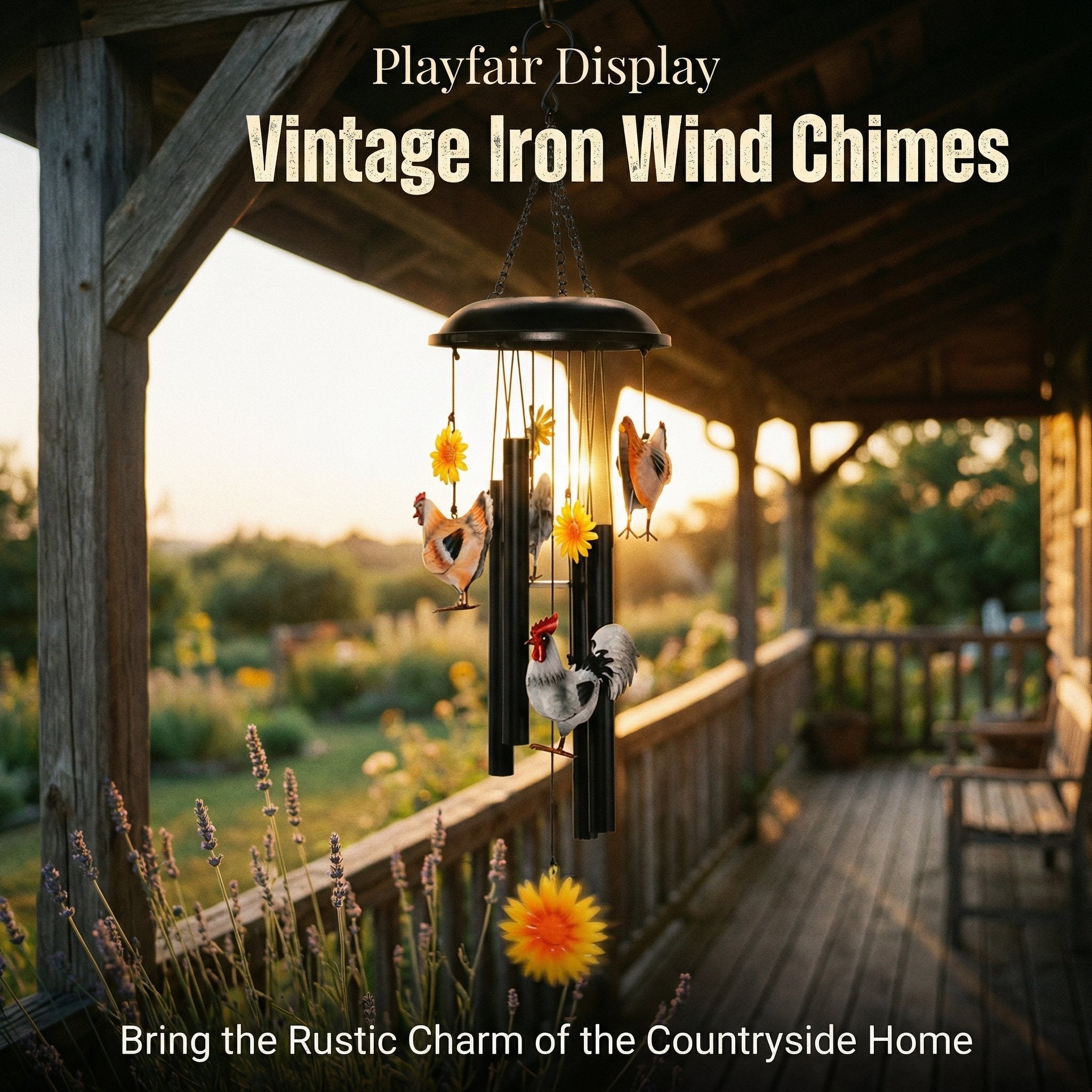 🌻🌻Vintage Metal Chicken Wind Chime with Sunflower🐔