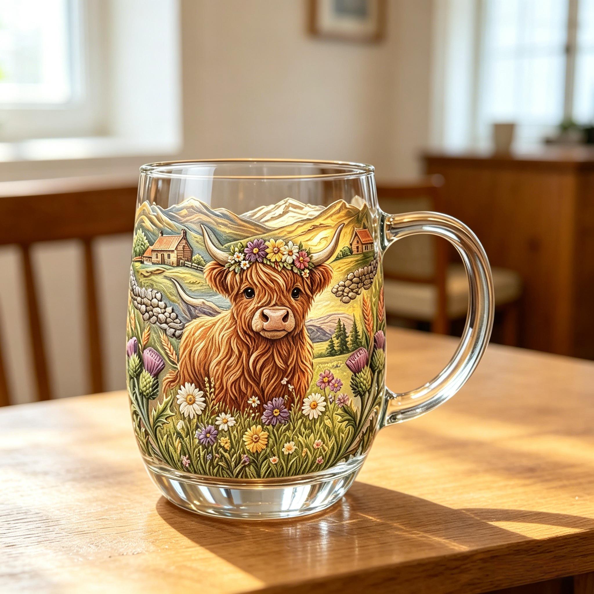 💐☕Hand-painted Highland Cow Glass