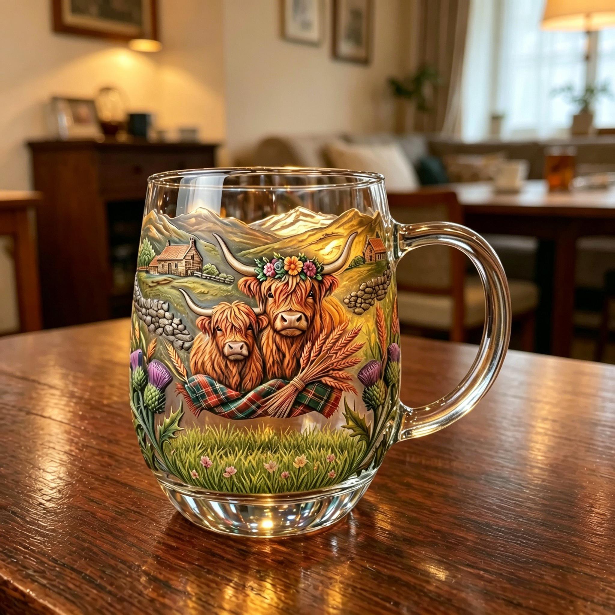 💐☕Hand-painted Highland Cow Glass