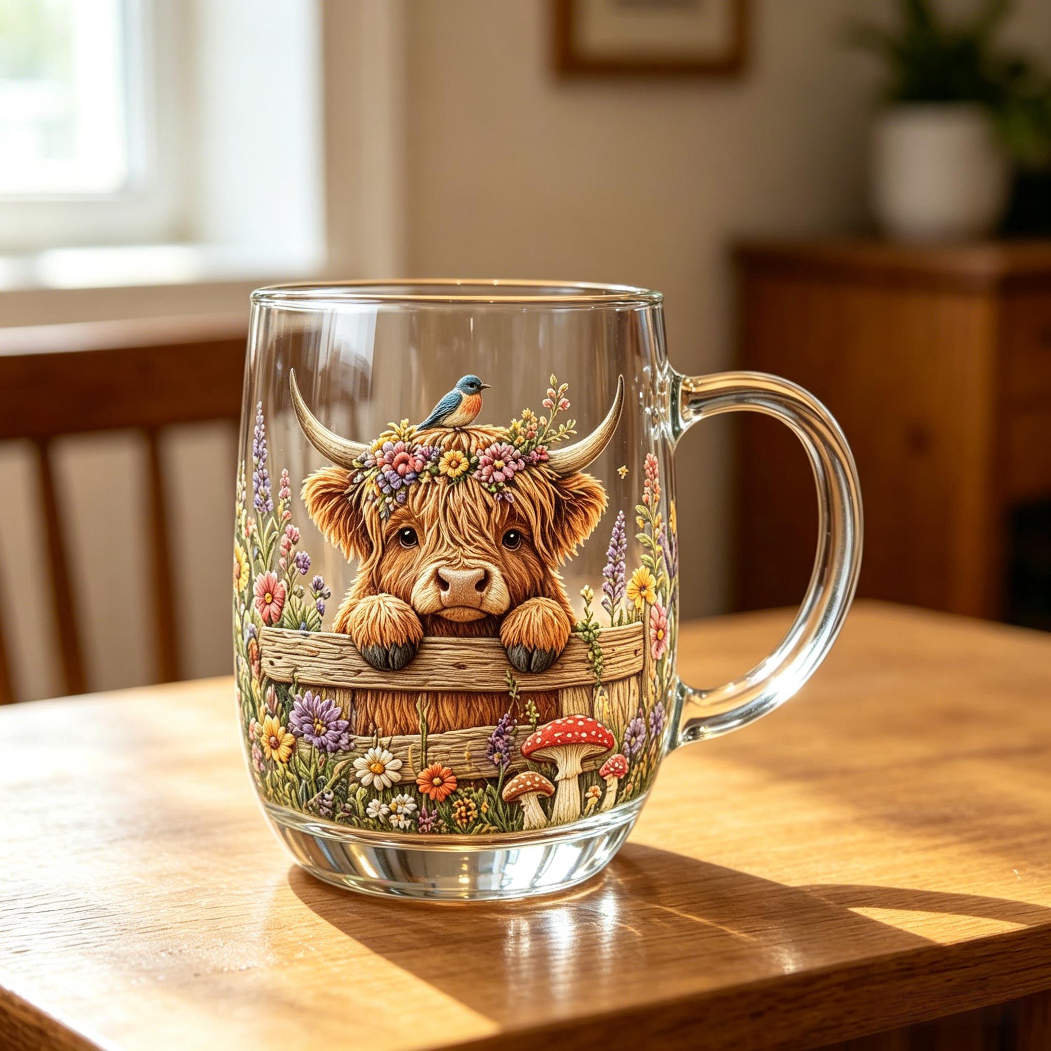 💐☕Hand-painted Highland Cow Glass