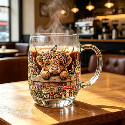 💐☕Hand-painted Highland Cow Glass